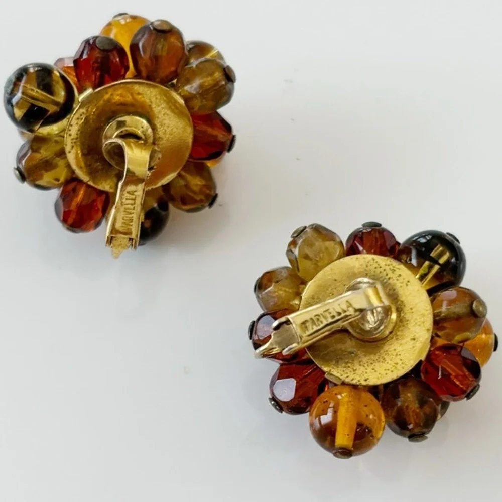 Vintage Marvella Cluster Bead Clip On Earrings Amber